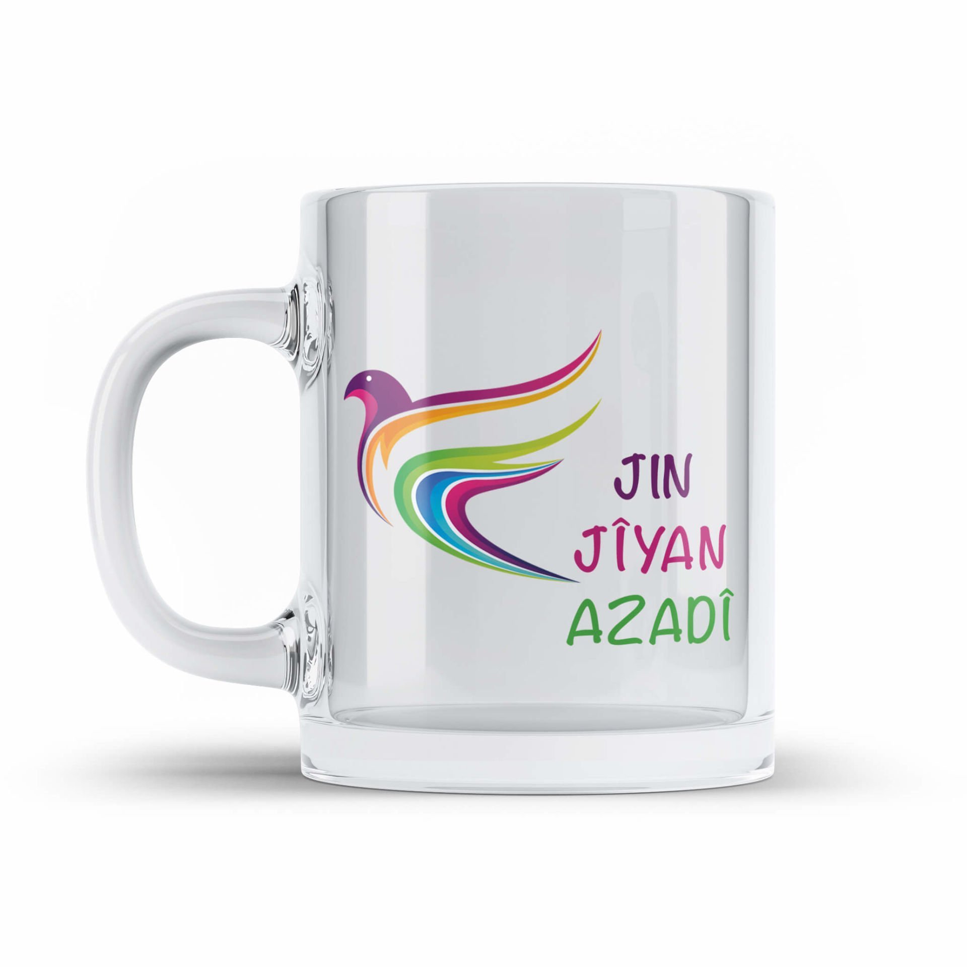 Jin Jiyan Azadi Yazılı Şeffaf Camlı Kupa Bardak - Jin Jiyan Azadi Camlı Bardağı