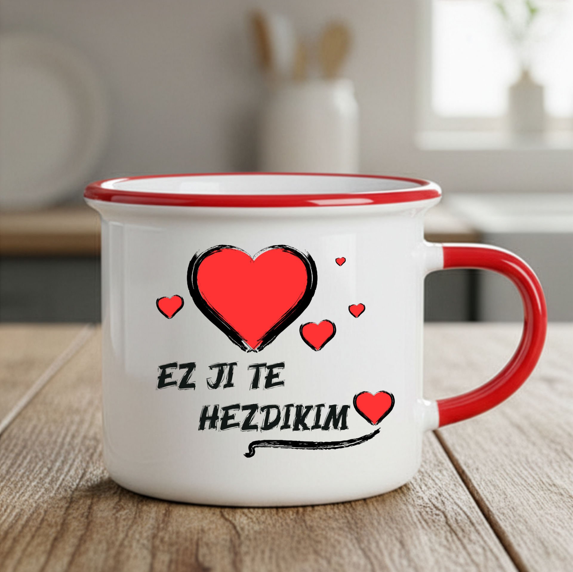 Kürtçe Sevgililere Özel Kalpli Ez Ji Te Hez Dikim Enamel Kırmızı Kupa Bardak - Ez Ji Te Hez Dikim Enamel Bardak