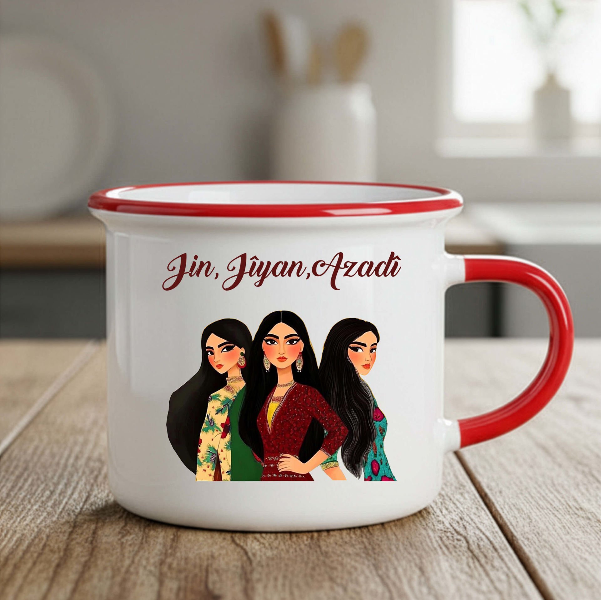 Jin Jiyan Azadi Temalı Enamel Kupa Bardak - Jin Jiyan Azadi Bardak