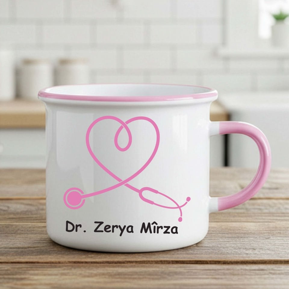 İsme Özel Doktorlar İçin Enamel Pembe Kupa Bardak - İsme Özel Doktorlara Özel Enamel Kupası