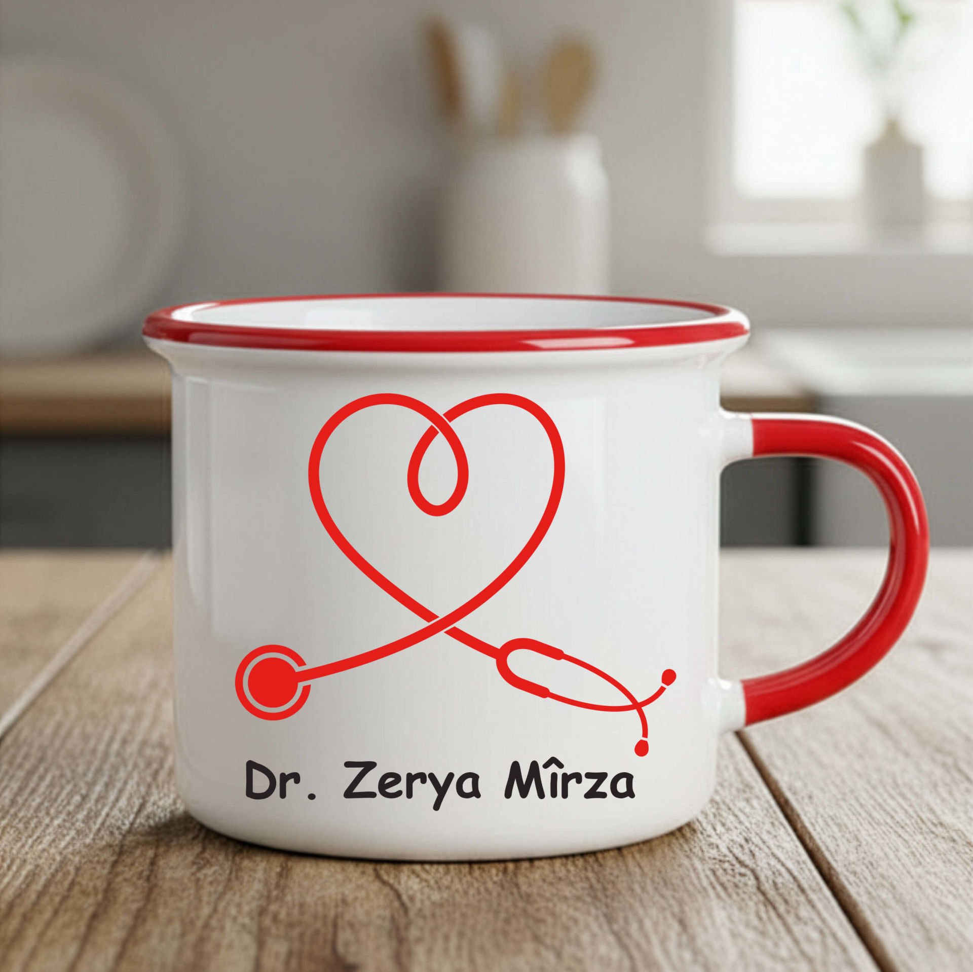 İsme Özel Doktorlar İçin Enamel Kırmızı Kupa Bardak - İsme Özel Doktorlara Özel Enamel Kupası