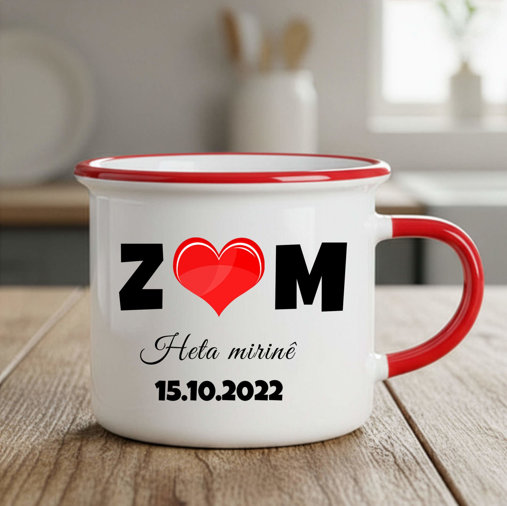 Sevgililere Özel Harfli Tarihli Enamel Kırmızı Kalpli Kupa Bardak - Heta Mirinê Kürtçe Enamel Kupası