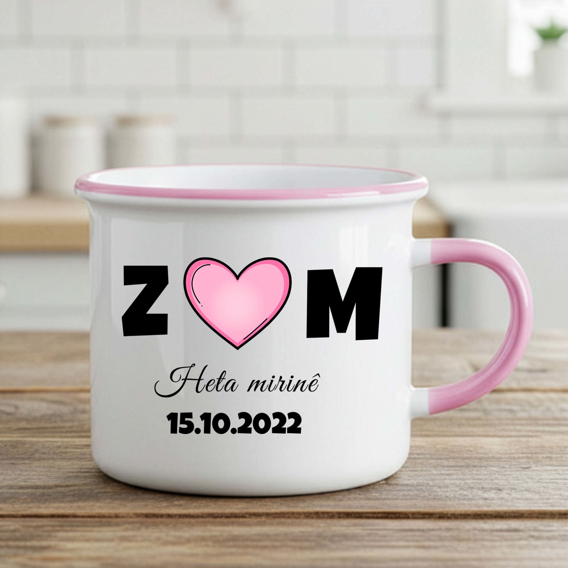 Sevgililere Özel Harfli Tarihli Enamel Pembe Kalpli Kupa Bardak - Heta Mirinê Kürtçe Enamel Kupası
