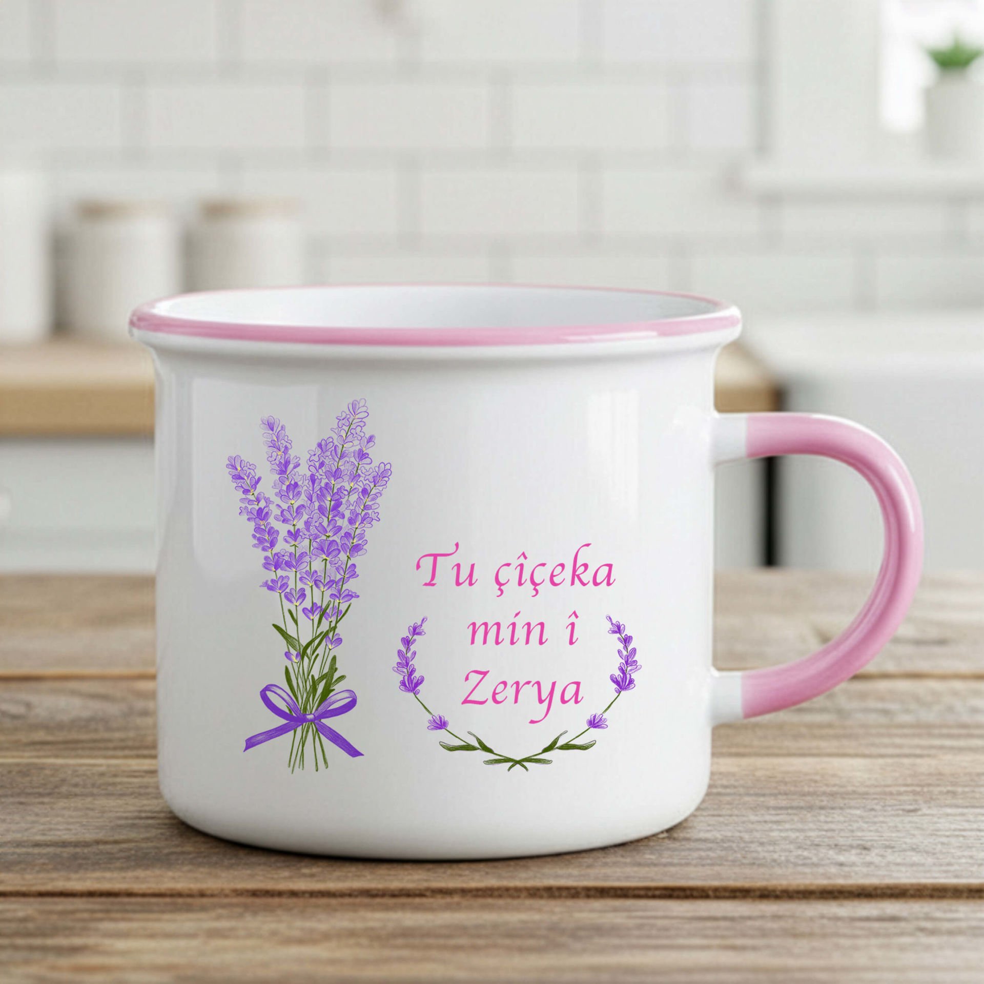 Sevgililere ve İsme Özel Tu Çîçeka Min î Enamel Pembe Kupa Bardak - Tu Çîçeka Min î Kürtçe Enamel Kupası