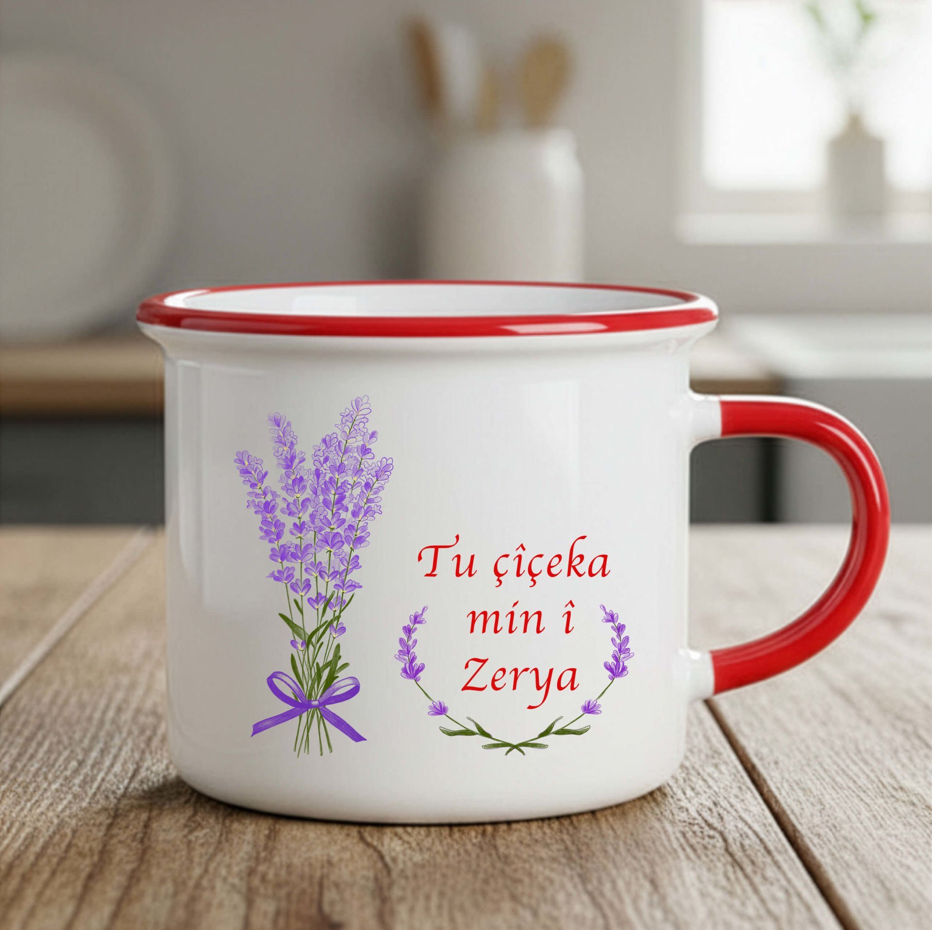 Sevgililere ve İsme Özel Tu Çîçeka Min î Enamel Kırmızı Kupa Bardak - Tu Çîçeka Min î Kürtçe Enamel Kupası