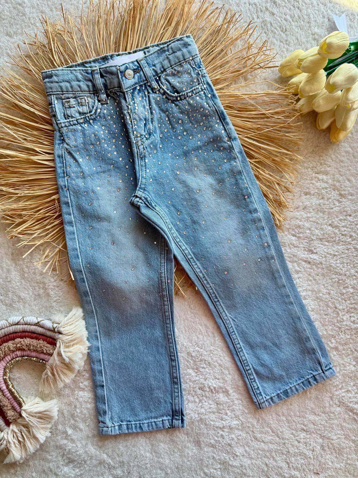 Kız çocuk taşlı denim jean