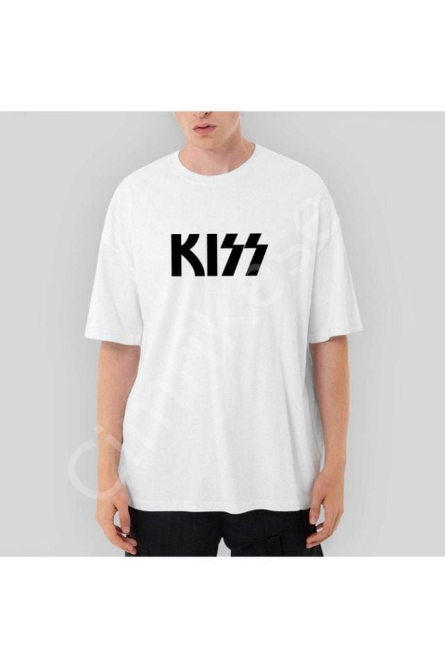Kiss Logo 2 Oversize Beyaz Tişört XL