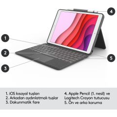 Logitech Combo Touch iPad 10.2 inç 7. 8. ve 9. Nesil ile Uyumlu Çok Yönlü Klavyeli Kılıf - Gri 920-009995