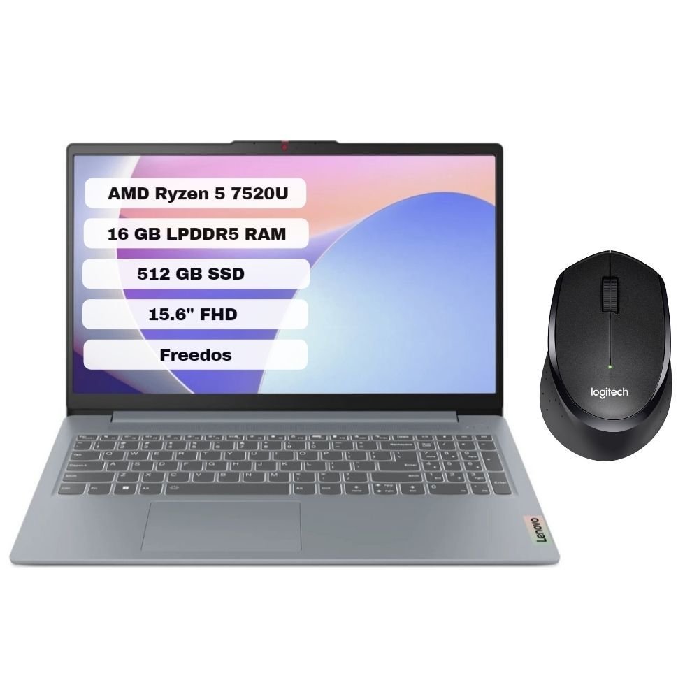 Lenovo IdeaPad Slim 3 15AMN8 AMD Ryzen 5 7520U 16GB 512GB SSD Freedos 15.6'' FHD Taşınabilir Bilgisayar 82XQ00DATX + Logitech Mouse