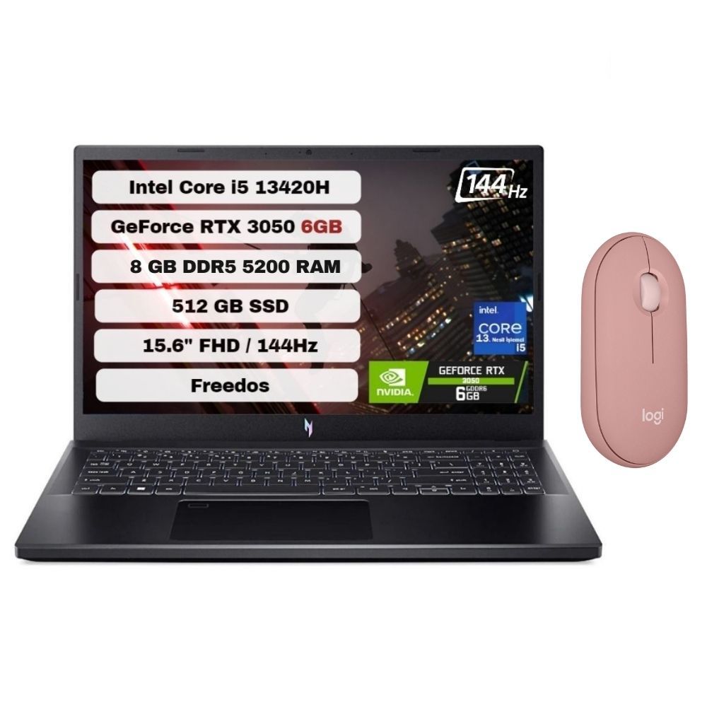 Acer Nitro V 15 NH.QNCEY.001 Intel Core i5 13420H 8GB 512GB SSD RTX3050 Freedos 15.6'' FHD Taşınabilir Bilgisayar ANV15-51-59CJ + Logitech Pebble M350S Mouse