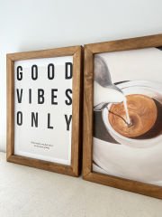 Kahve Köşesi Retro Coffee Fincan Good Vibes Only Posterli Ahşap Çerçeveli Tablo Seti 23*30 cm