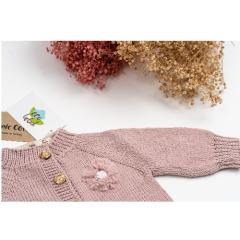 Eco Bebek - El Örgüsü 100% Organik Pamuk Çiçek İşlemeli Hırka - Dusty Pink