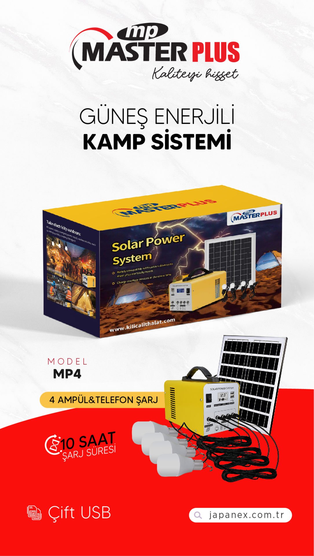 MASTERPLUS 4 AMPÜL TELEFON ŞARJ SOLAR SİSTEM 10 SAAT ŞARJ SÜRESİ