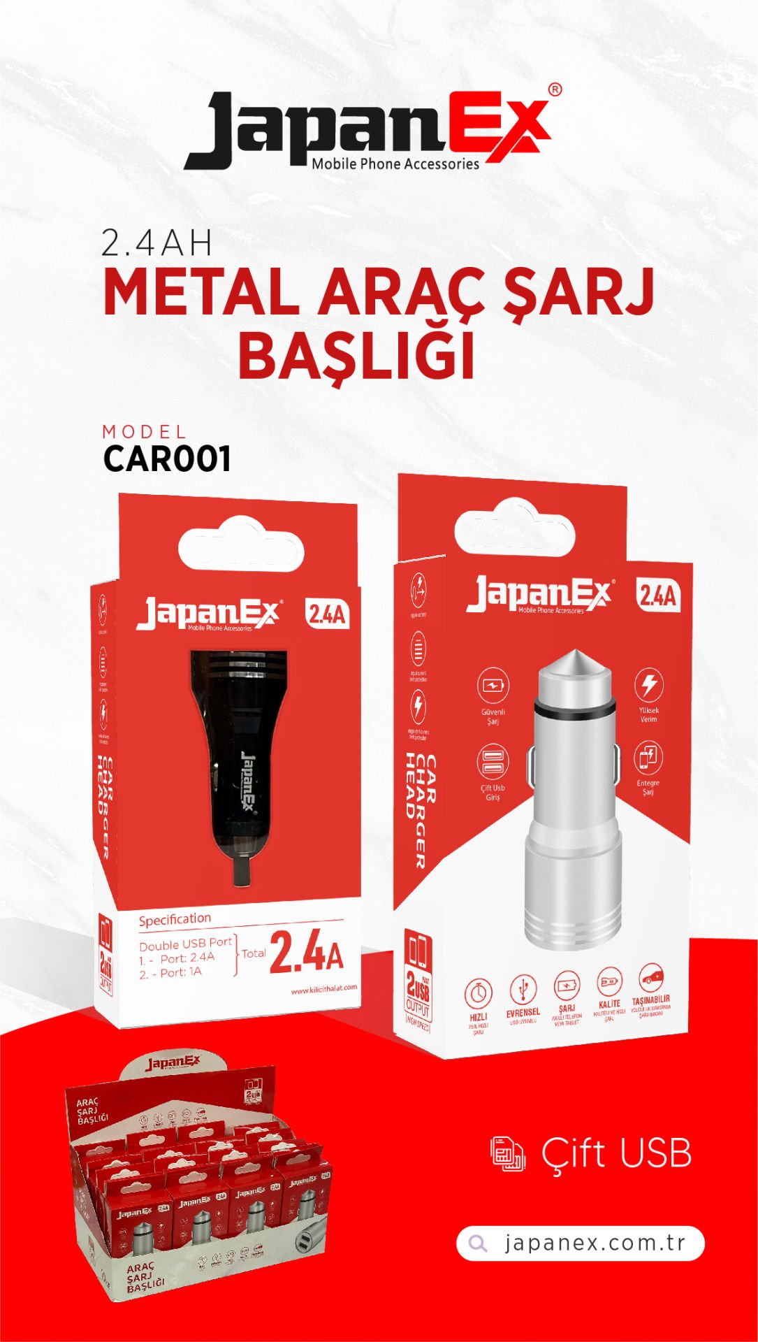 JAPANEX 2.4AH ÇİFT USB ARAÇ ŞARJ BAŞLIĞI CAR001