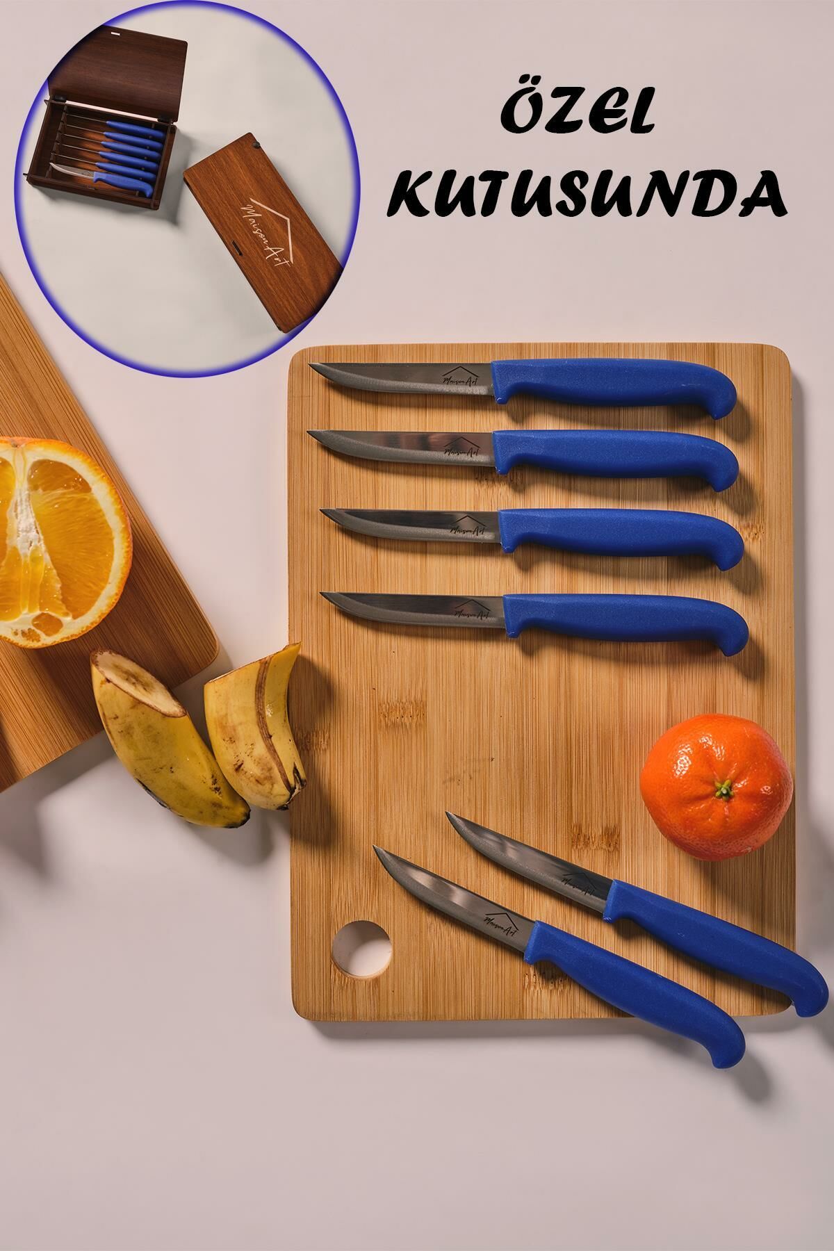 Steel | Kutulu 5 Parça Çelik Meyve Bıçağı Seti | Mavi Saplı Bıçak Seti