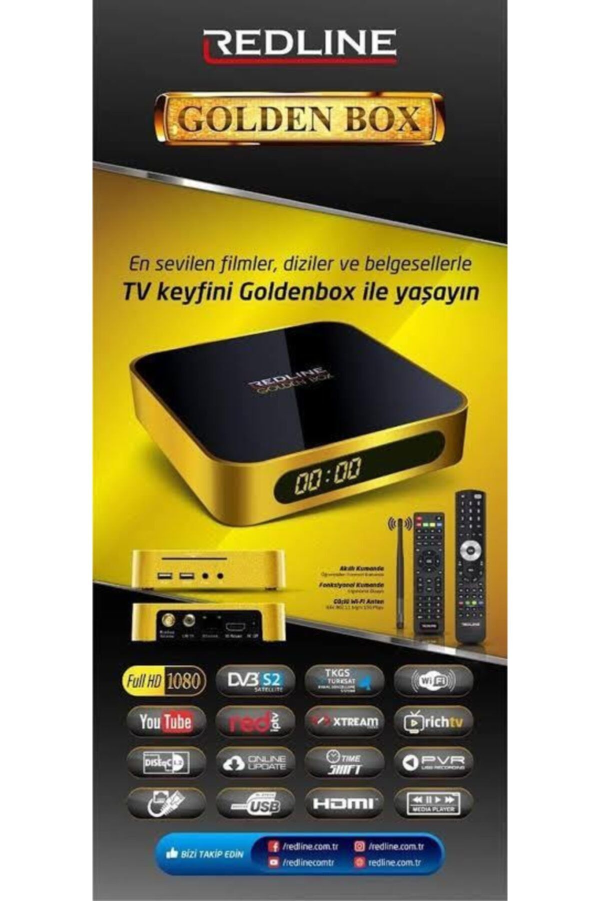 Redline Golden Box Plus H.265 Hevc Uydu Alıcısı 12 Ay Red İptv