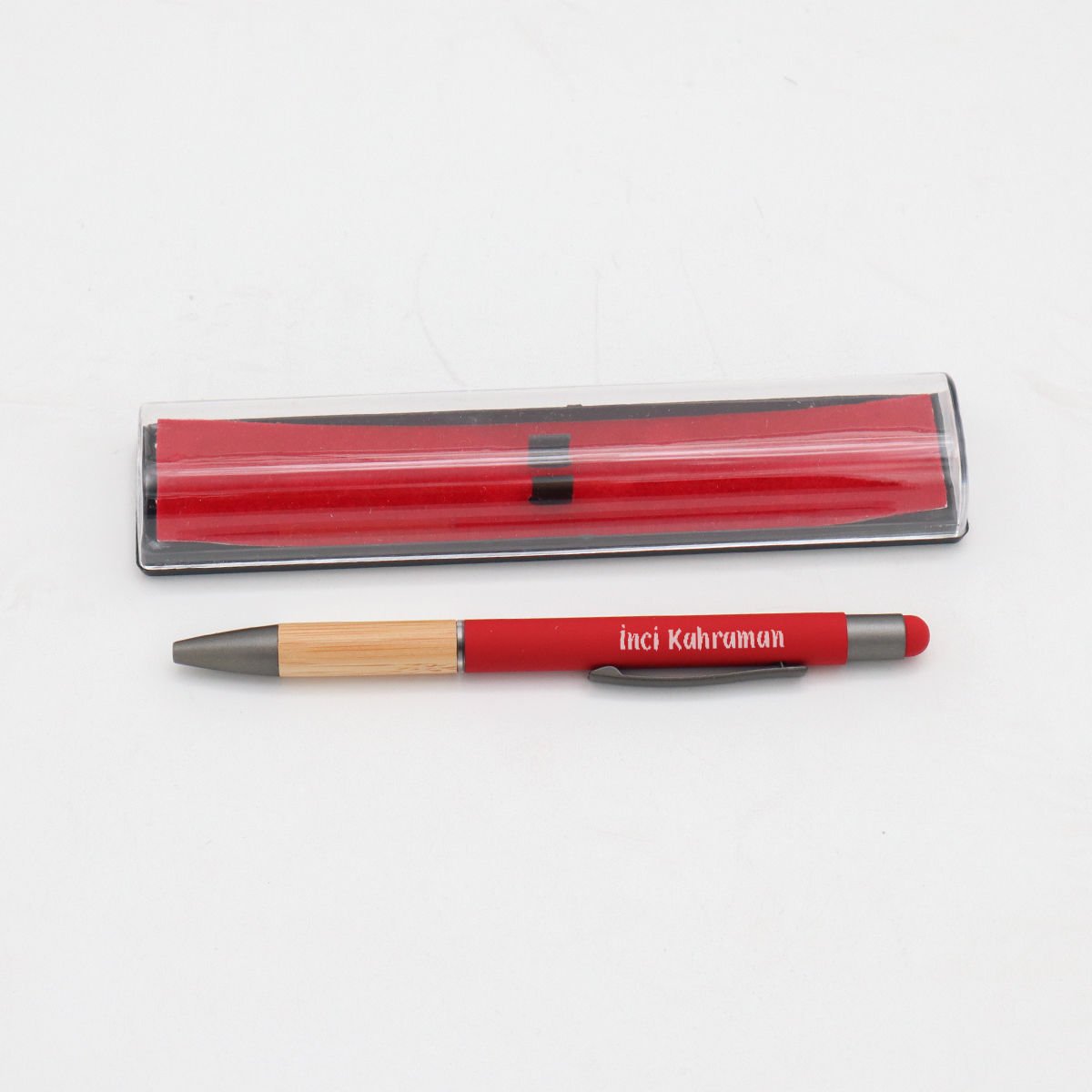 Kişiye Özel Kırmızı Bambulu Toucpen Metal Tükenmez Kalem