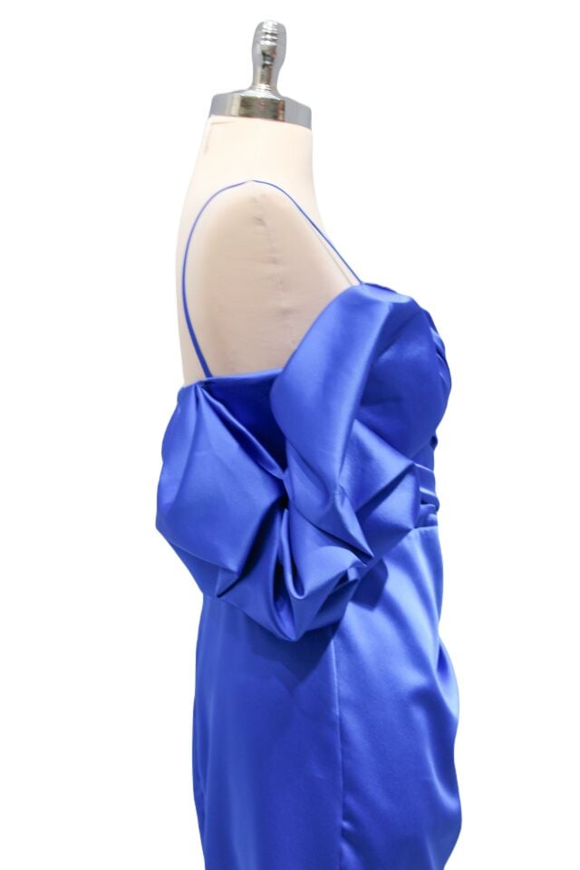 Hot Contact Sax Mavisi Askılı Balon Kol Yanı Kuyruklu Mini Elbise