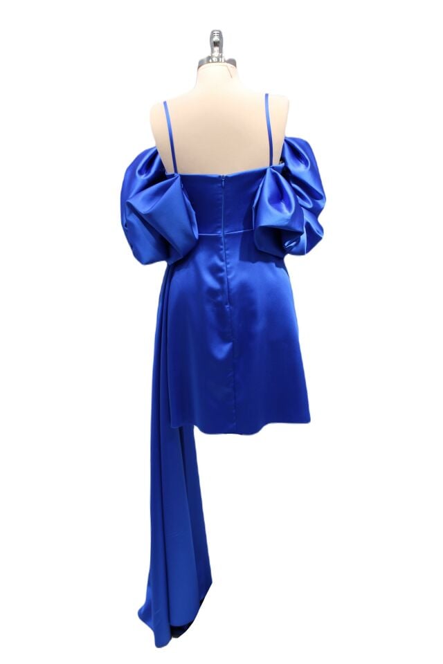 Hot Contact Sax Mavisi Askılı Balon Kol Yanı Kuyruklu Mini Elbise