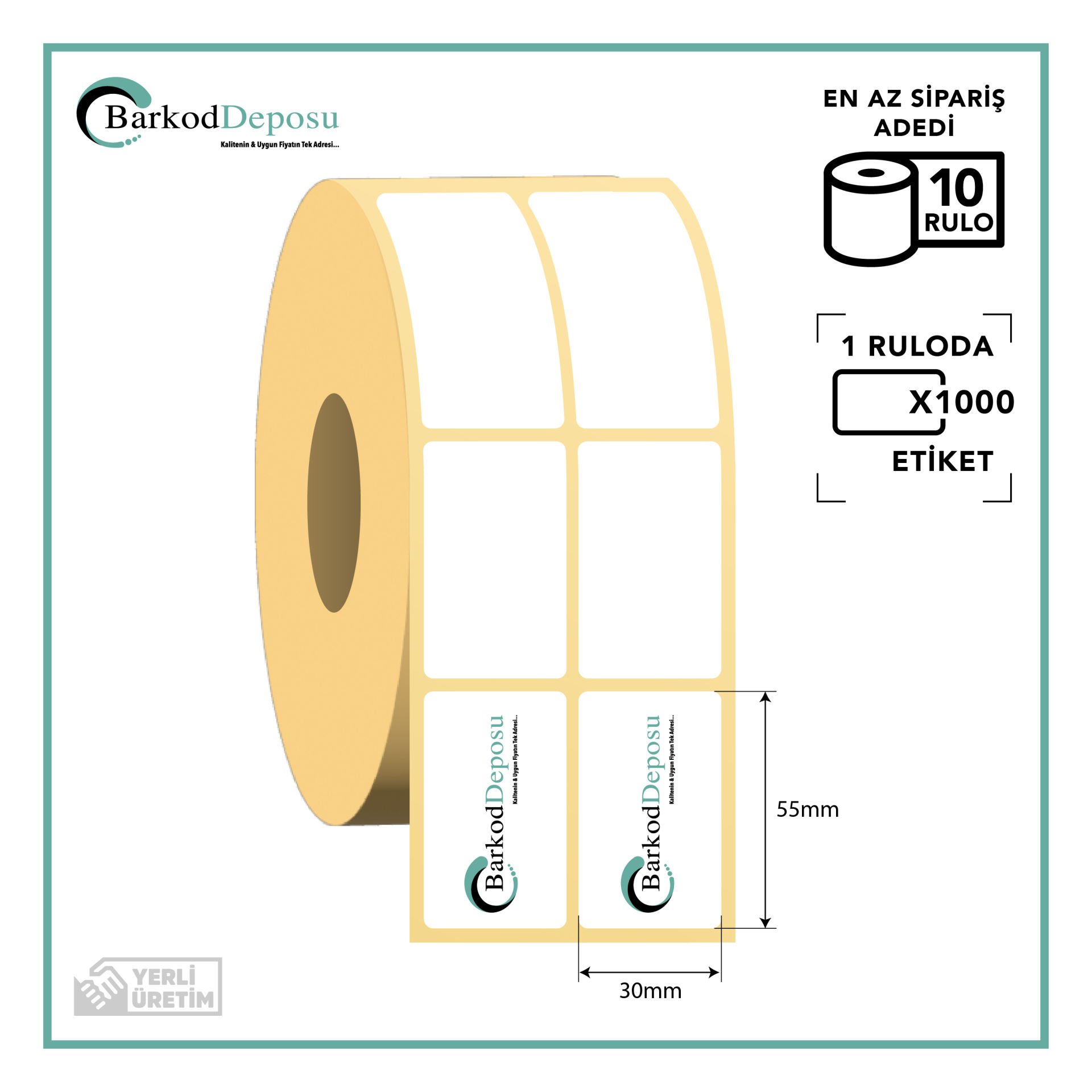 30x55 2'Li Ayrık Kuşe Barkod Etiketi 1000 Sarım (RİBON İLE BASKI)