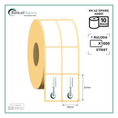 30x55 2'Li Ayrık Kuşe Barkod Etiketi 1000 Sarım (RİBON İLE BASKI)