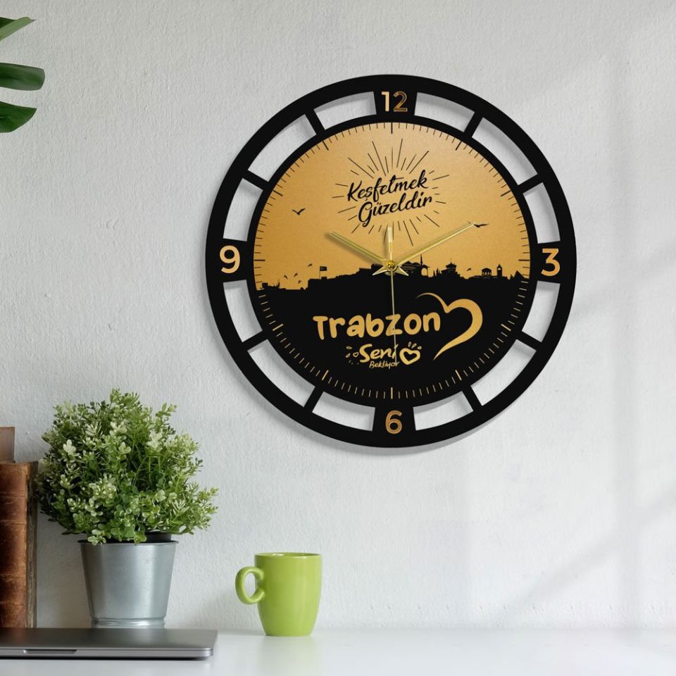 Trabzon Temalı Altın Yaldız Duvar Saati
