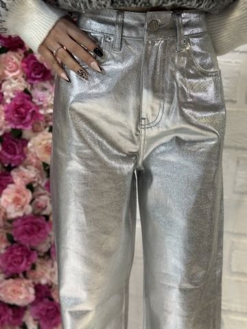 Metalik Kaplama Gümüş Pantolon