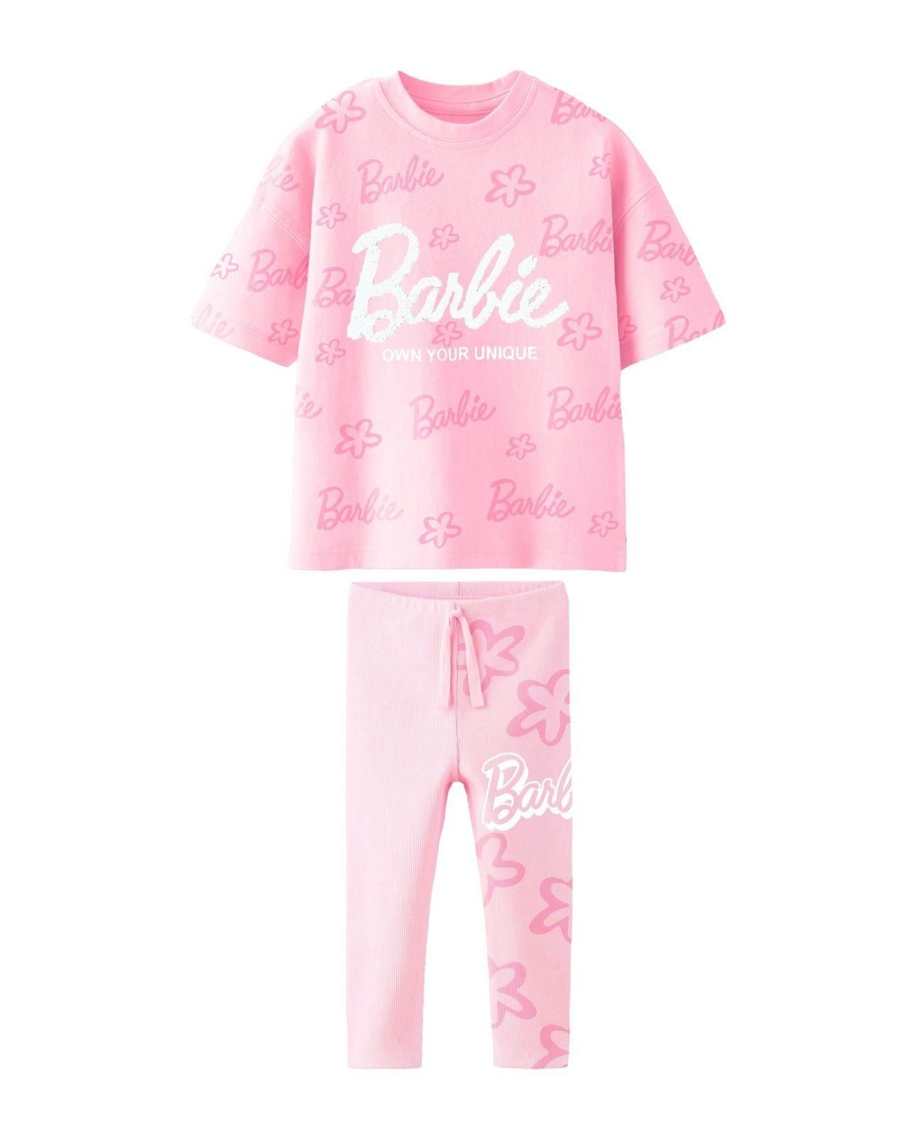 Pembe Barbie Karbartma Baskılı Uzun Taytlı Takım