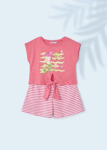 Pembe Denizkızı Baskılı Şortlu Crop Takım
