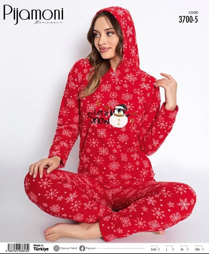 Pijamoni Kadın Kırmızı Desenli Yıldızlı Traşlı Polar Pamuklu Pijama Takımı