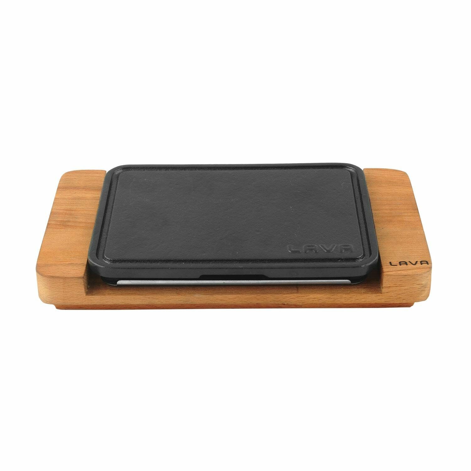 Lava Döküm Dikdörtgen Izgara Hot Plate Paslanmaz Çelik Metal Tabla ve Kayın Servis Ahşabı Ölçü 22x16cm.