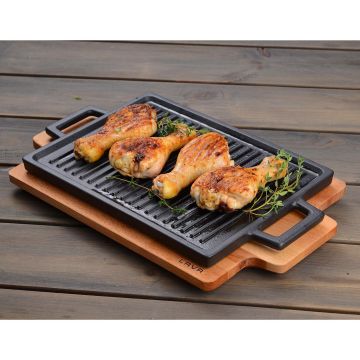 Lava Döküm Dikdörtgen Çift Yön Izgara ve Düz Yüzey Hot Plate Kayın Servis Ahşabı Ölçü 22x15cm.