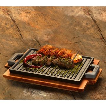 Lava Döküm Dikdörtgen Çift Yön Izgara ve Düz Yüzey Hot Plate Kayın Servis Ahşabı Ölçü 22x15cm.