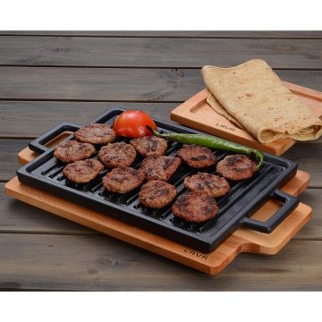 Lava Döküm Dikdörtgen Çift Yön Izgara Hot Plate Döküm Demir Yekpare Çift Kulplu Kayın Servis Ahşabı Ölçü 22x30cm.