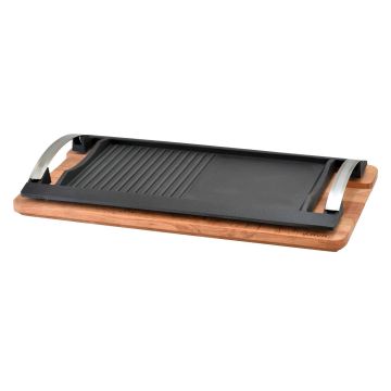 Lava Döküm Dikdörtgen Hibrit Izgara Hot Plate Paslanmaz Metal Çift Kulplu Kayın Servis Ahşabı Ölçü 48x26cm.