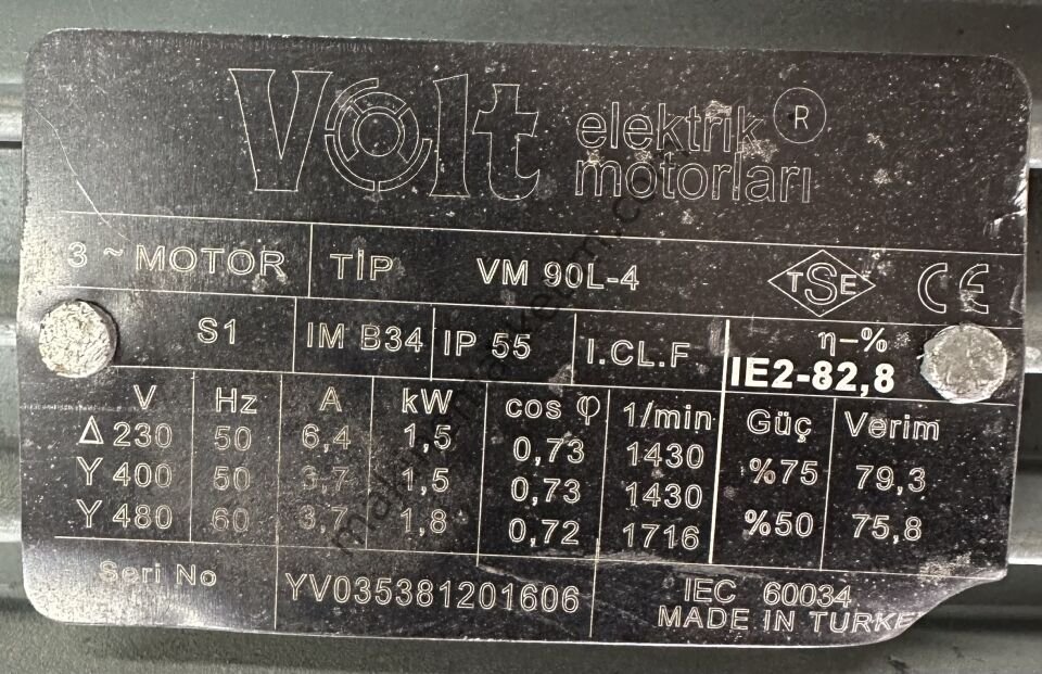 40 Devir Redüktörlü Frenli Motor 1.5KW 380Volt