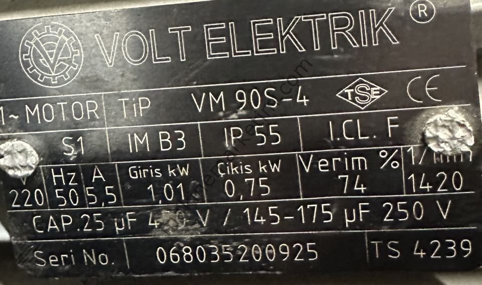 Volt 0.75KW 1400 Devir 220Volt (Monofaze) Motor