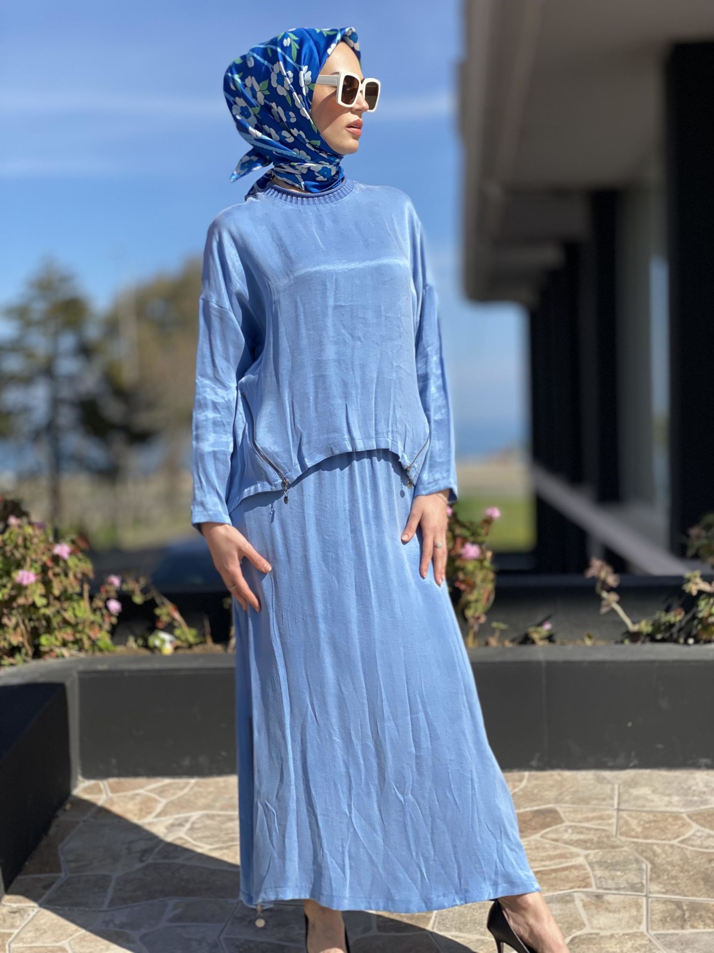 Almarwah Yanları Fermuarlı Cupra Bluz Etek Takım 202563