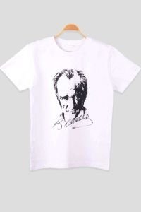 Atatürk ve İmzası Baskılı Yuvarlak Yaka Penye Çocuk Genç  Beyaz T-shirt
