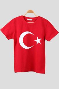 Ay Yıldız Bayrak Baskılı Yuvarlak Yaka Penye Çocuk Genç  Kırmızı T-shirt