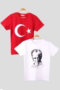 Atatürk ve İmzası Ay Yıldız Bayrak Baskılı Kombin Penye Kadın Beyaz Kırmızı T-shirt