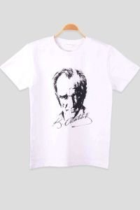 Atatürk ve İmzası Ay Yıldız Bayrak Baskılı Kombin Penye Kadın Beyaz Kırmızı T-shirt