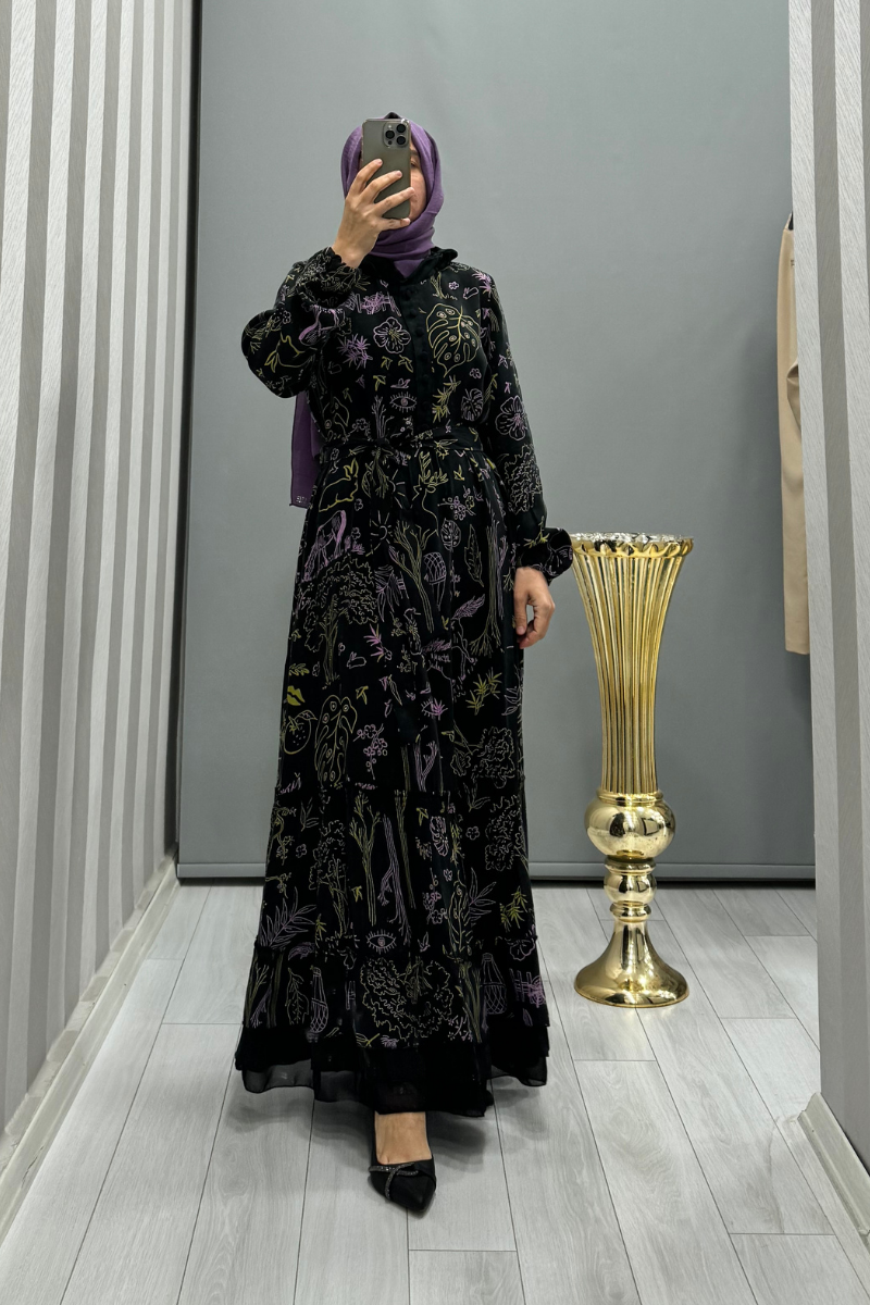 Misswhence Patterned Silk Dress Black 35846
