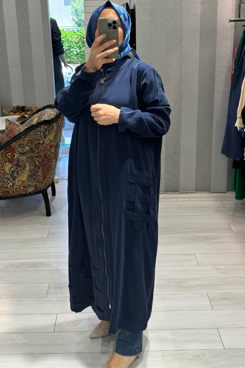 Almarwah Net Detailed Cape Navy Blue 50828 Coat: The Choice of Stylish Women