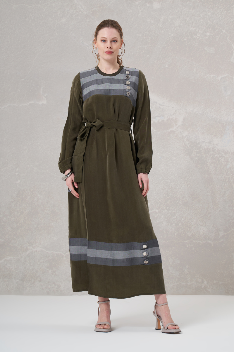 Misswhence Denim Detailed Silk Dress Khaki 35802