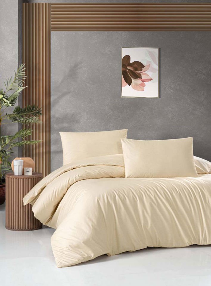 Menderes Home Cotton Collection Ranforce Çift Kişilik Nevresim+Yastık Düzboya Krem