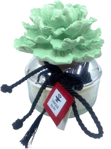 Kokulu Yeşil Taş Çiçek Kapaklı Cam Mum - Büyük