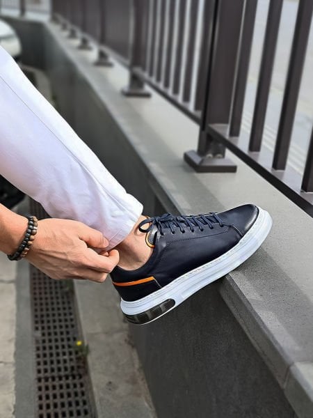 NAVY BLUE ORANGE TITANIC AIR ERKEK DERİ GÜNLÜK AYAKKABI LACİVERT TURUNCU - 45