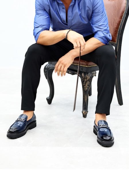 NAVY BLUE  VOGUE LACİVERT HAKİKİ DERİ ERKEK KALIN TABAN ŞIK AYAKKABI LACİVERT AÇMA - 43