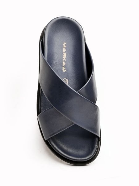 NAVY BLUE  CANVAS HAKİKİ DERİ ERKEK SANDALET LACİVERT - 43